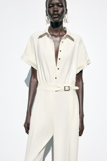 CREPE BUCKLE WAIST JUMPSUIT - Ecru by Zara - Image 1