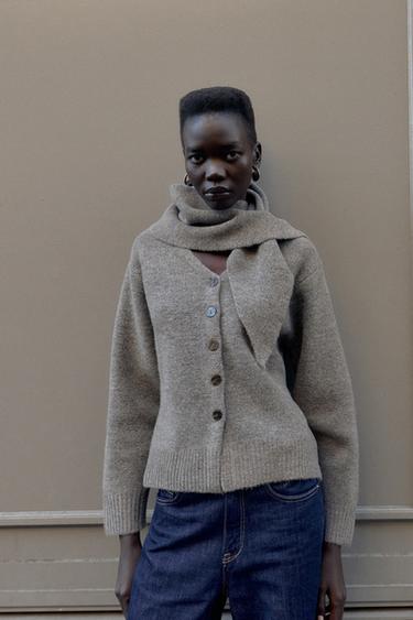 CARDIGAN WITH SCARF DETAIL - Taupe grey by Zara - Image 4