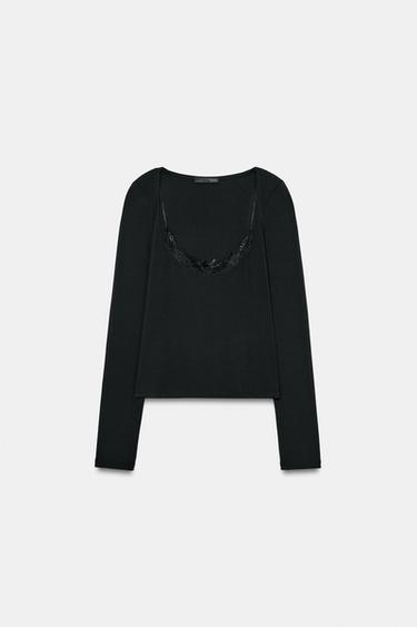 TOP STRETCH COMBINADO ENCAJE - Negro de Zara