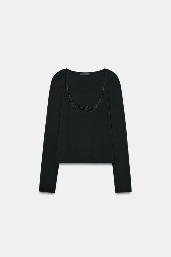 STRETCH TOP WITH LACE - Black by Zara - Image 0