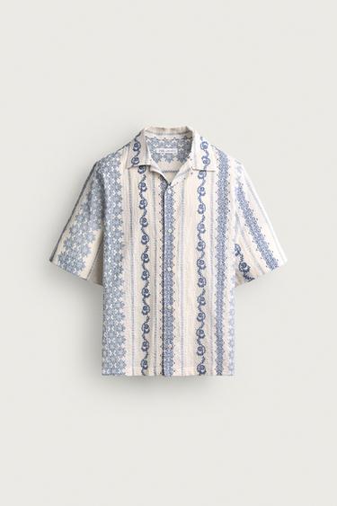 Zara 佩斯利印花泡泡紗襯衫 - 藍色 / 白色