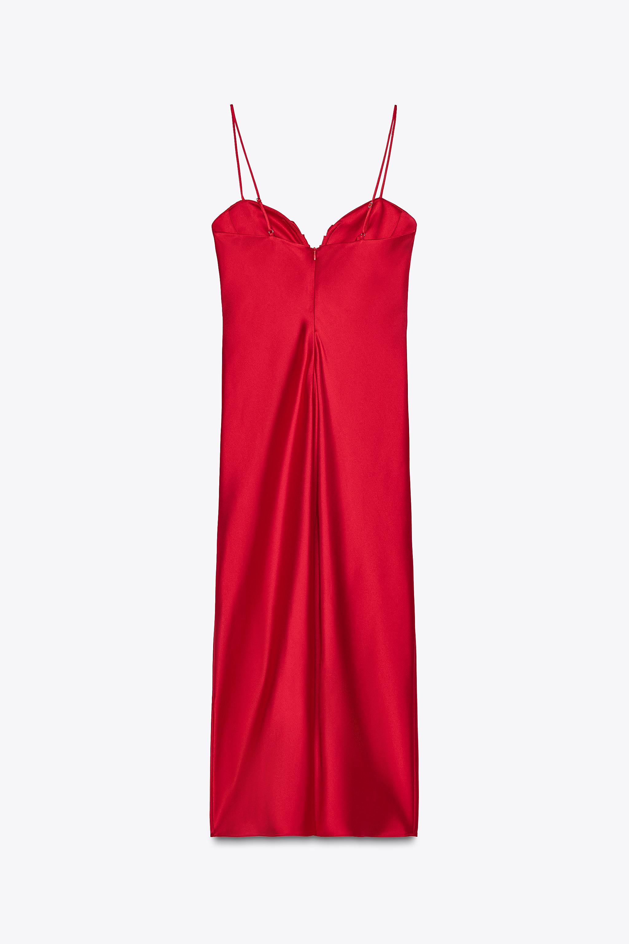 【ZARA】サテン地スウィートハートネックミディ丈ワンピース サテン地スウィートハートネックミディ丈ワンピース - レッド