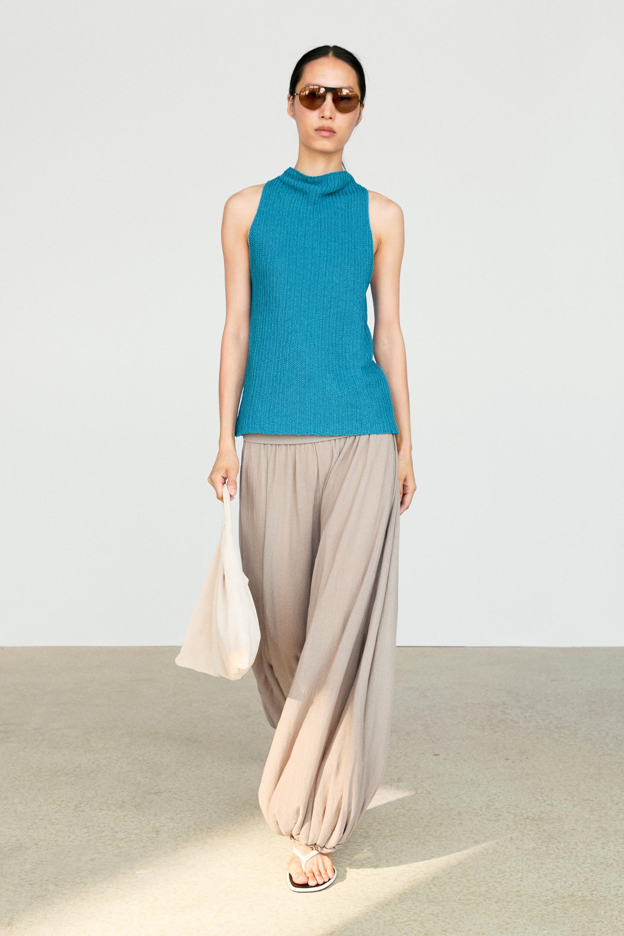 Linen blend knit button-detail top — Turquoise
