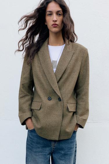 BLAZER CRUZADA OVERSIZE CADROS - Verdes de Zara