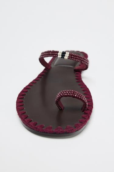 BEADED TOPSTITCH SANDALS - Burgundy Red by Zara - Image 2