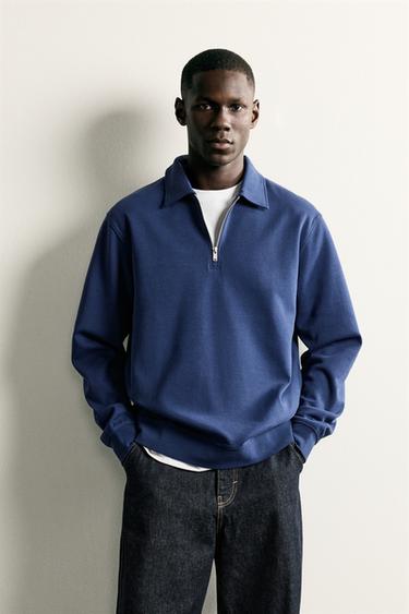 Zara ZIP INTERLOCK POLO SWEATSHIRT - Bluish