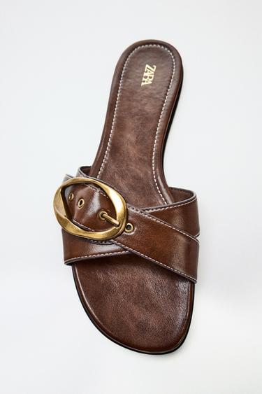 FLAT SANDALS WITH BUCKLE - Brown by Zara