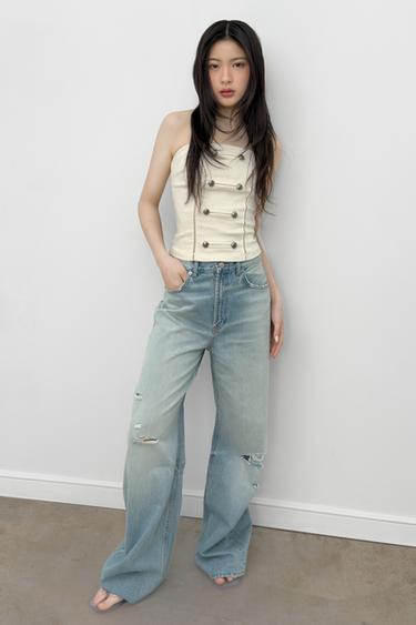 Zara TRF HI-RISE EXTRA WIDE LEG RIPPED JEANS - Light blue