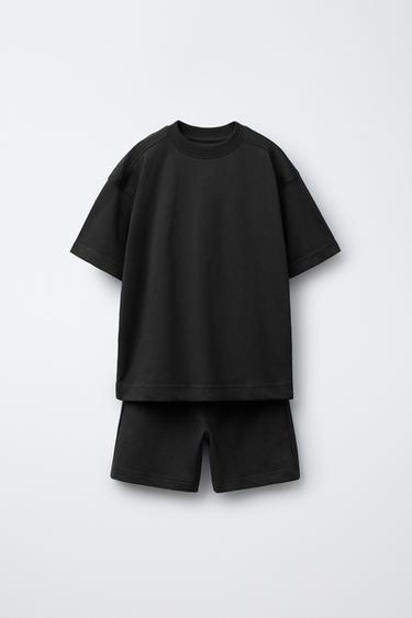 Zara BASIC FLEECE T-SHIRT AND BERMUDA SET - Black - Image 0