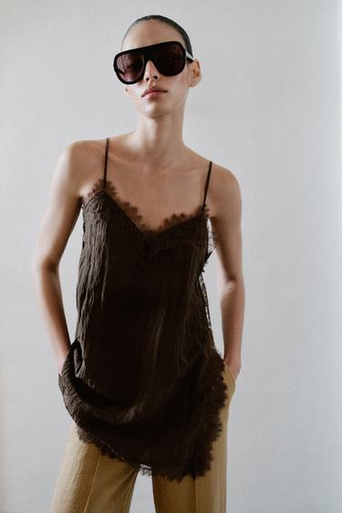 LACE-TRIMMED CAMISOLE TOP - Brown by Zara - Image 1