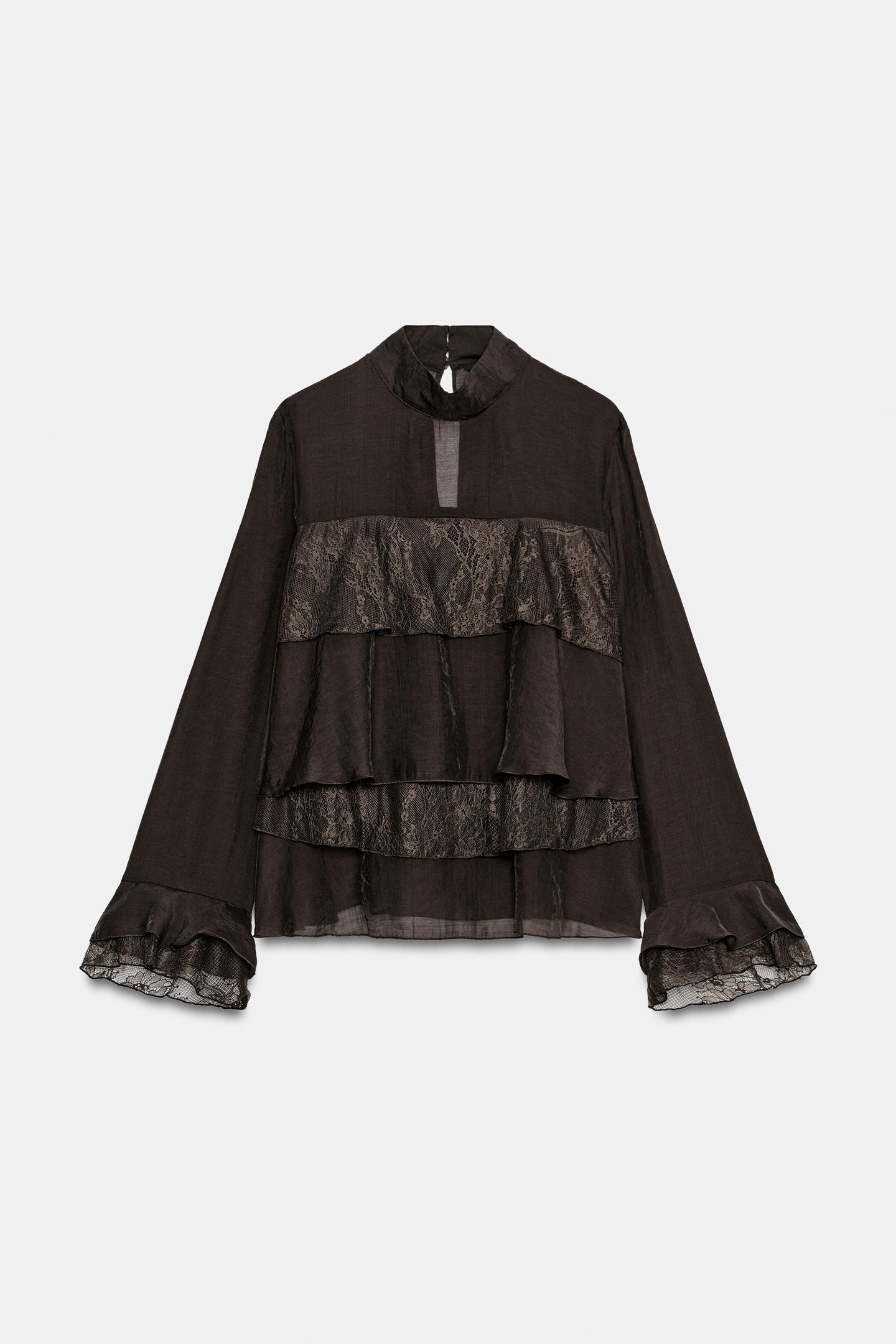 Женская рубашка Zara Ruffle and Lace, цвет: Коричневый — фото 6