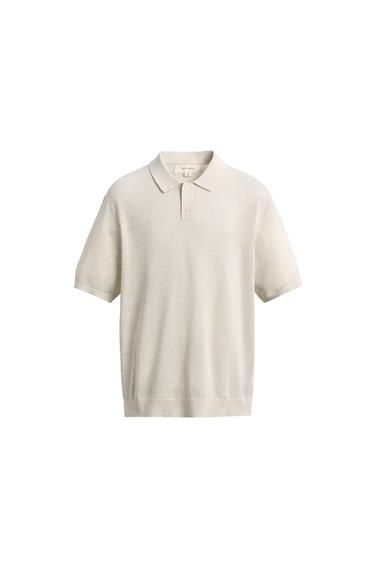 Zara SILK LINEN BLEND KNIT POLO SHIRT - Oyster-white