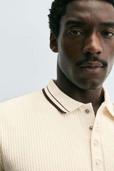 POLO CÔTELÉ CONTRASTE - Écru de Zara - Image 4