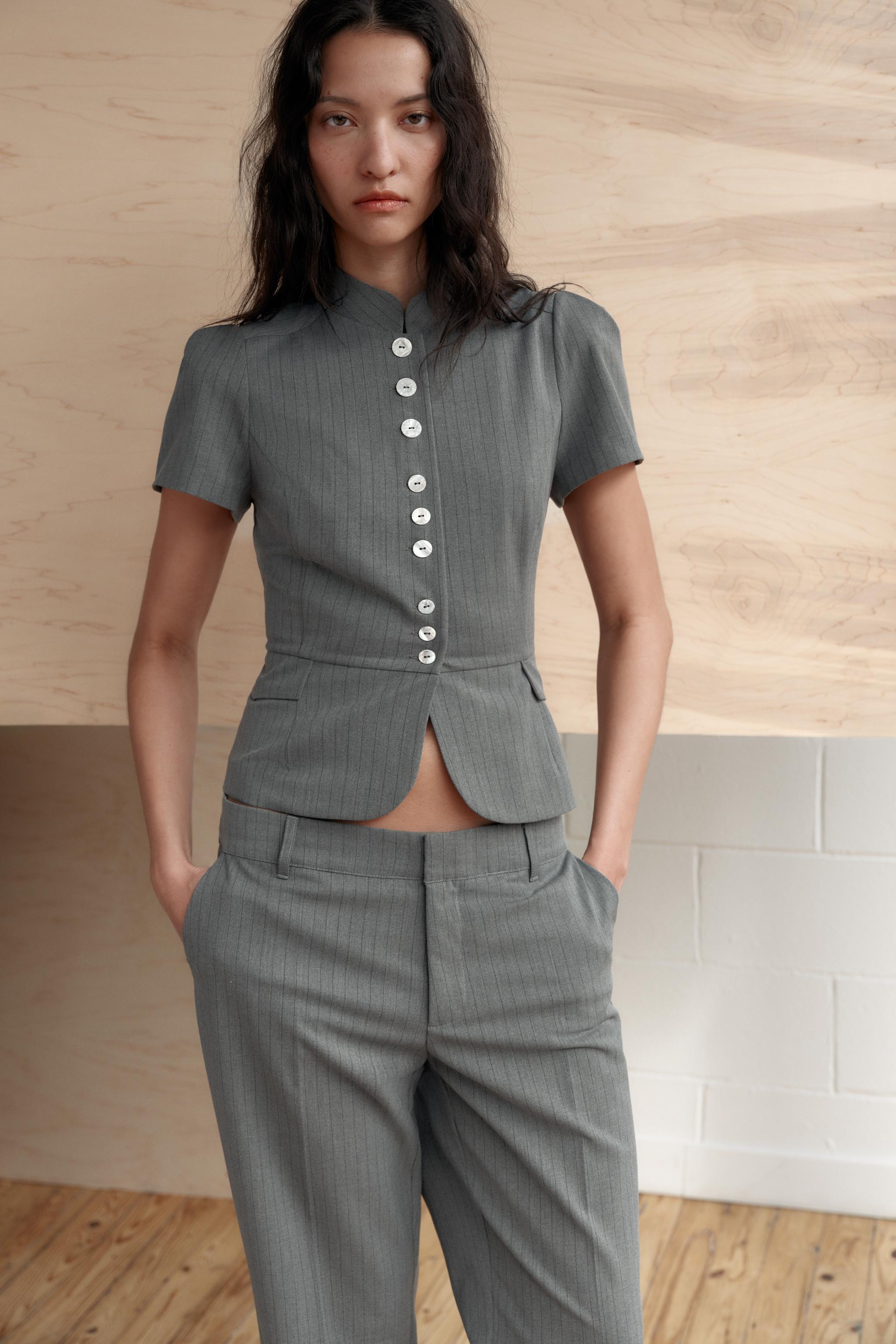 PINSTRIPE BUTTONED TOP - Anthracite Gray | ZARA United States