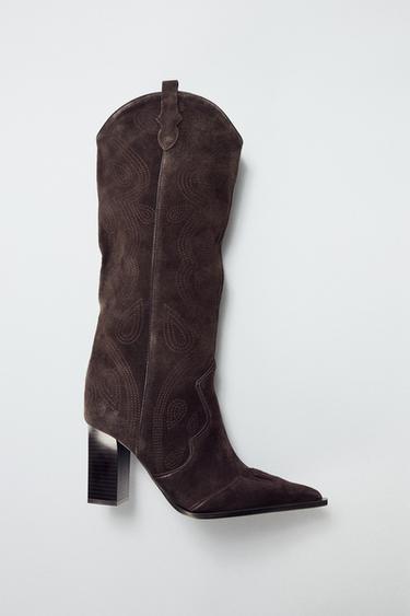 Zara SPLIT LEATHER HEELED BOOTS - Brown