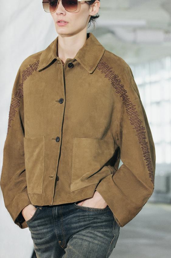 ZW COLLECTION EMBROIDERED LEATHER JACKET Brown ZARA Saudi Arabia