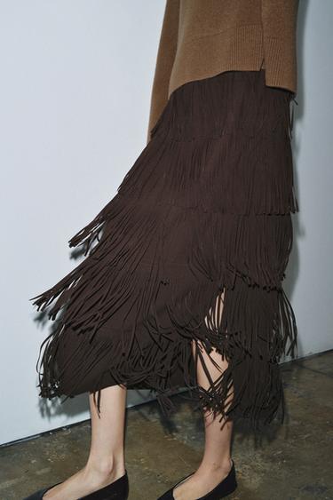ZW COLLECTION FRINGED PENCIL SKIRT - Brown by Zara - Image 1