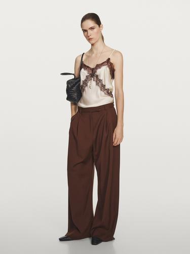 Pantalon large à pinces doubles - STUDIO - Vert/Blanc de Zara - Image 0