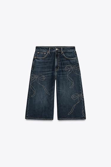 Zara MID-RISE RHINESTONE DENIM JORTS - Blue - Image 0
