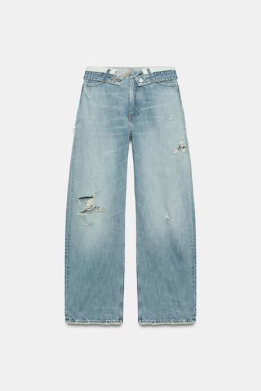 Zara TRF 中腰反折腰頭牛仔褲 - 藍色