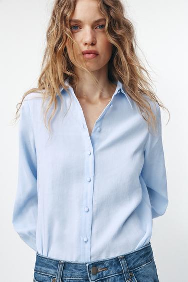 CAMISA BOTONES FORRADOS - Celeste de Zara