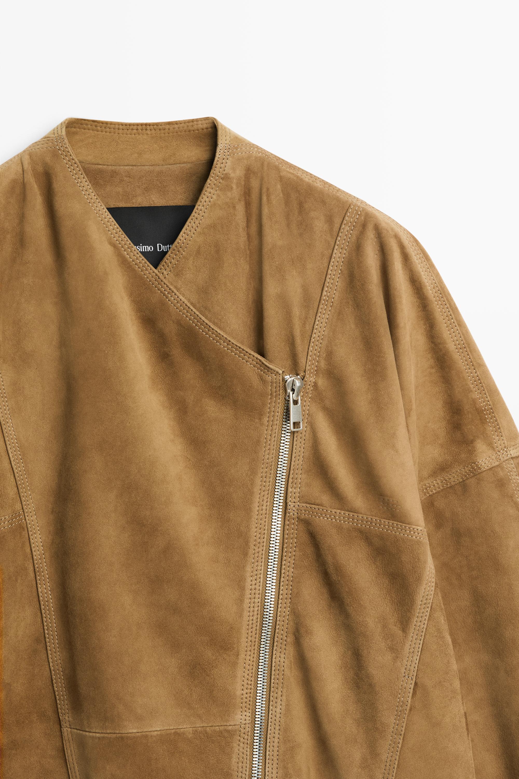 Blouson capri en cuir finition daim, fermeture asymétrique