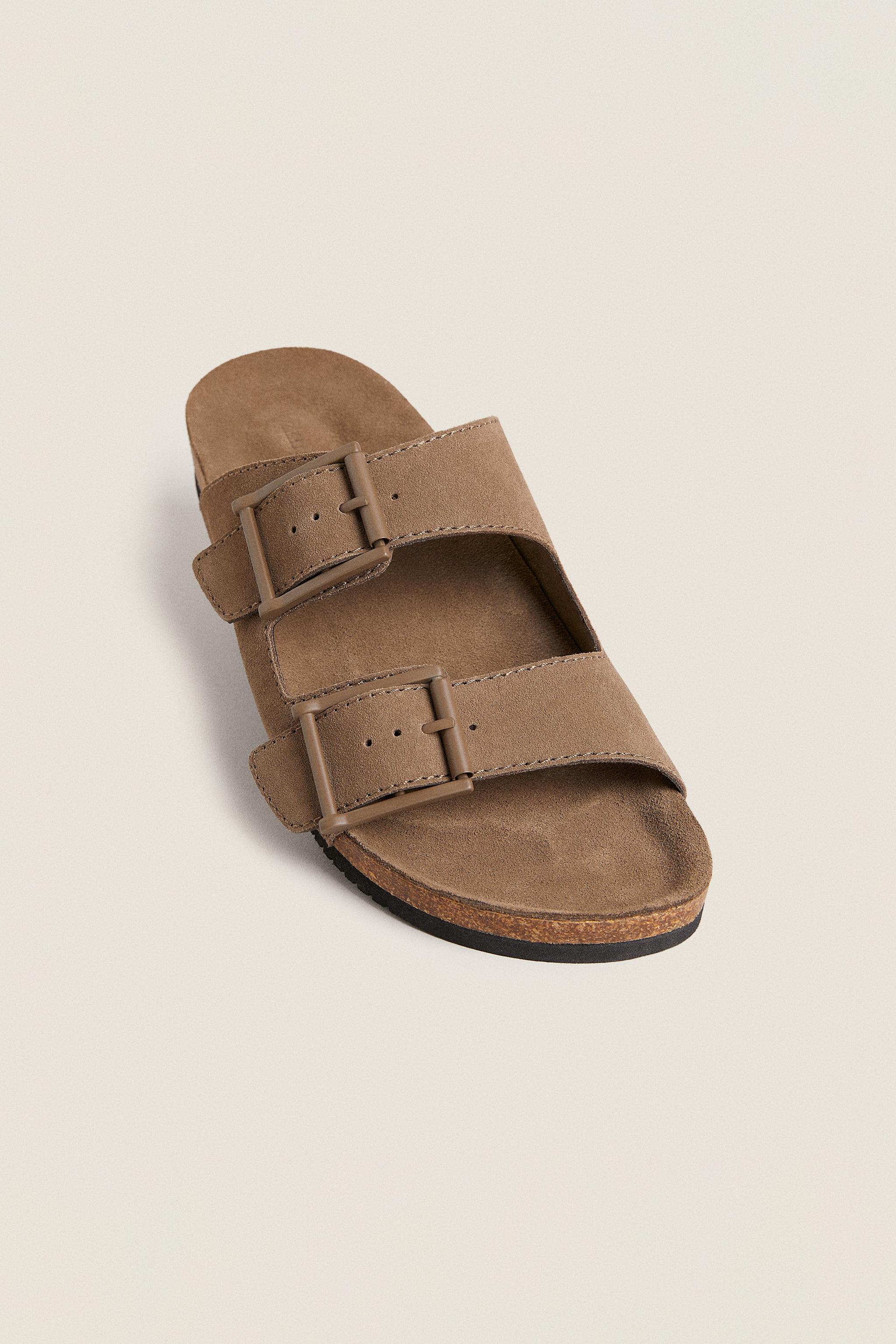 SPLIT LEATHER DOUBLE-STRAP SANDALS - Taupe Gray | ZARA United States