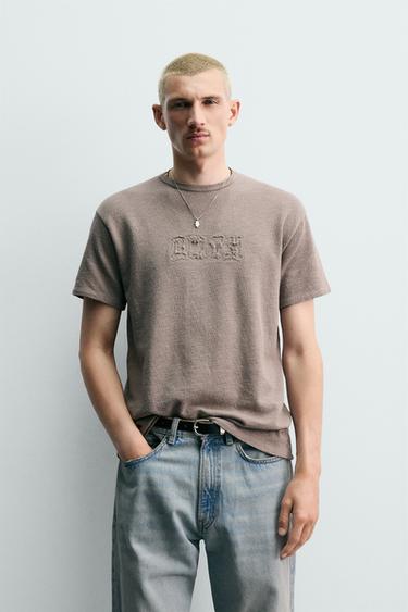 Zara WASHED KNIT PATCH T-SHIRT - Taupe gray