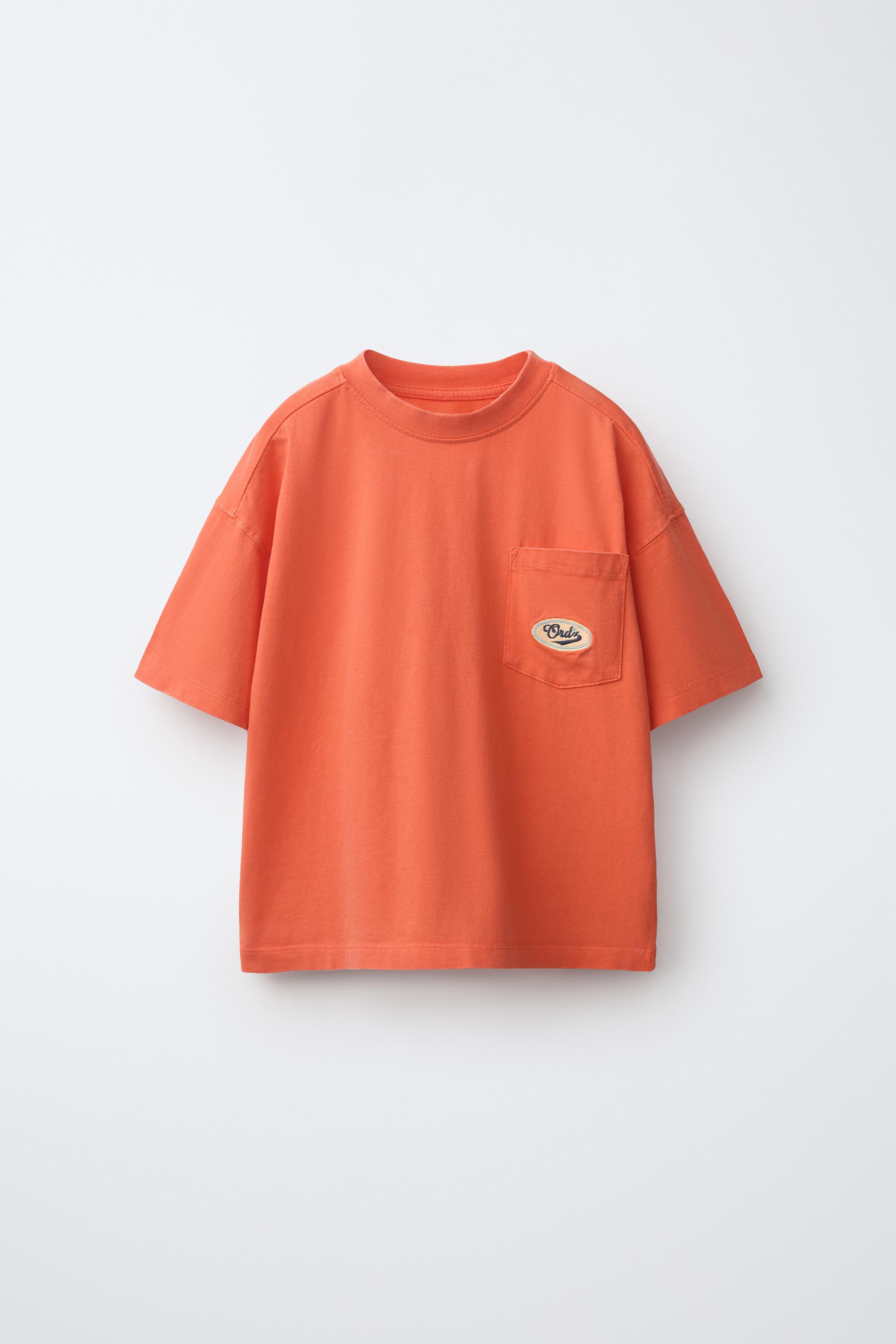 WASHED EFFECT EMBROIDERED LOGO POCKET T-SHIRT — Orange (alternate view)