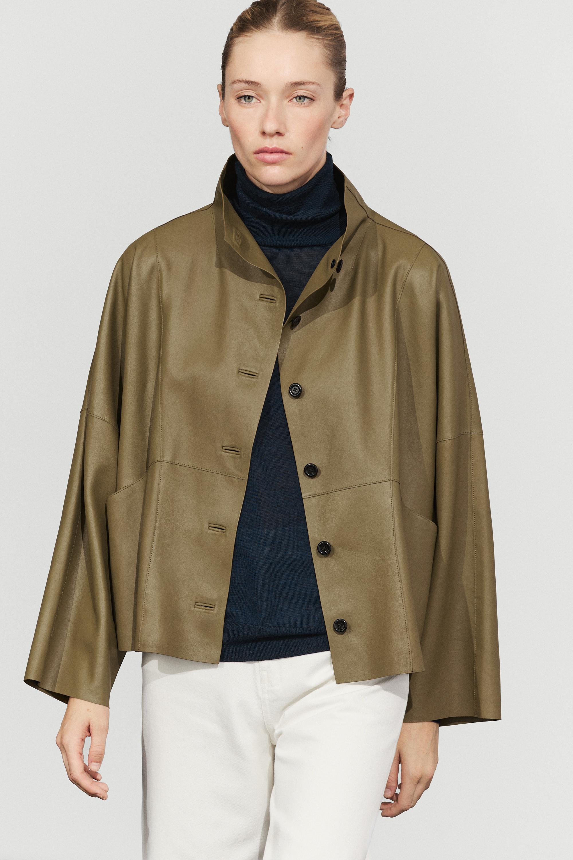 Stand collar nappa leather cropped jacket