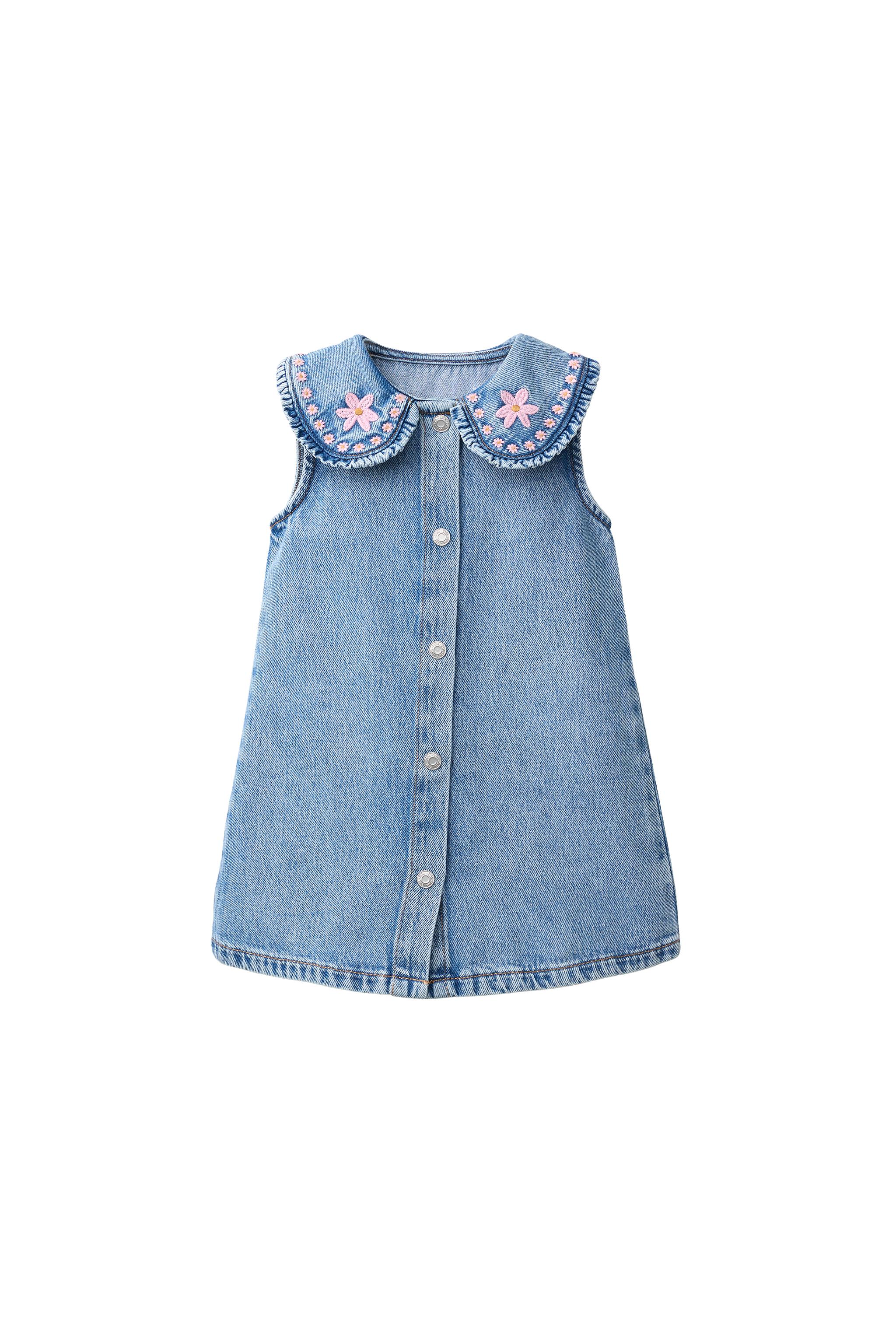 EMBROIDERED COLLAR DENIM DRESS - Blue