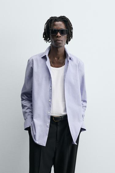 Zara SLIM FIT PLAID SHIRT - Sky blue