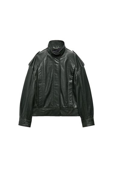 ZW COLLECTION LIMITED EDITION LEATHER BOMBER JACKET - Bottle green by Zara