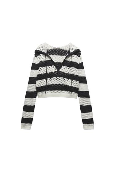 STRIPED POINTELLE KNIT TOP