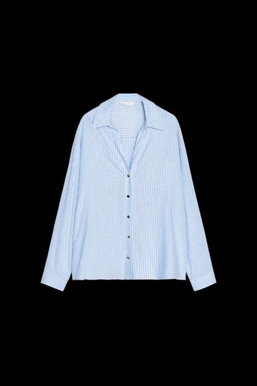 Zara STRIPED LINEN BLEND SHIRT - Blue / White - Image 0