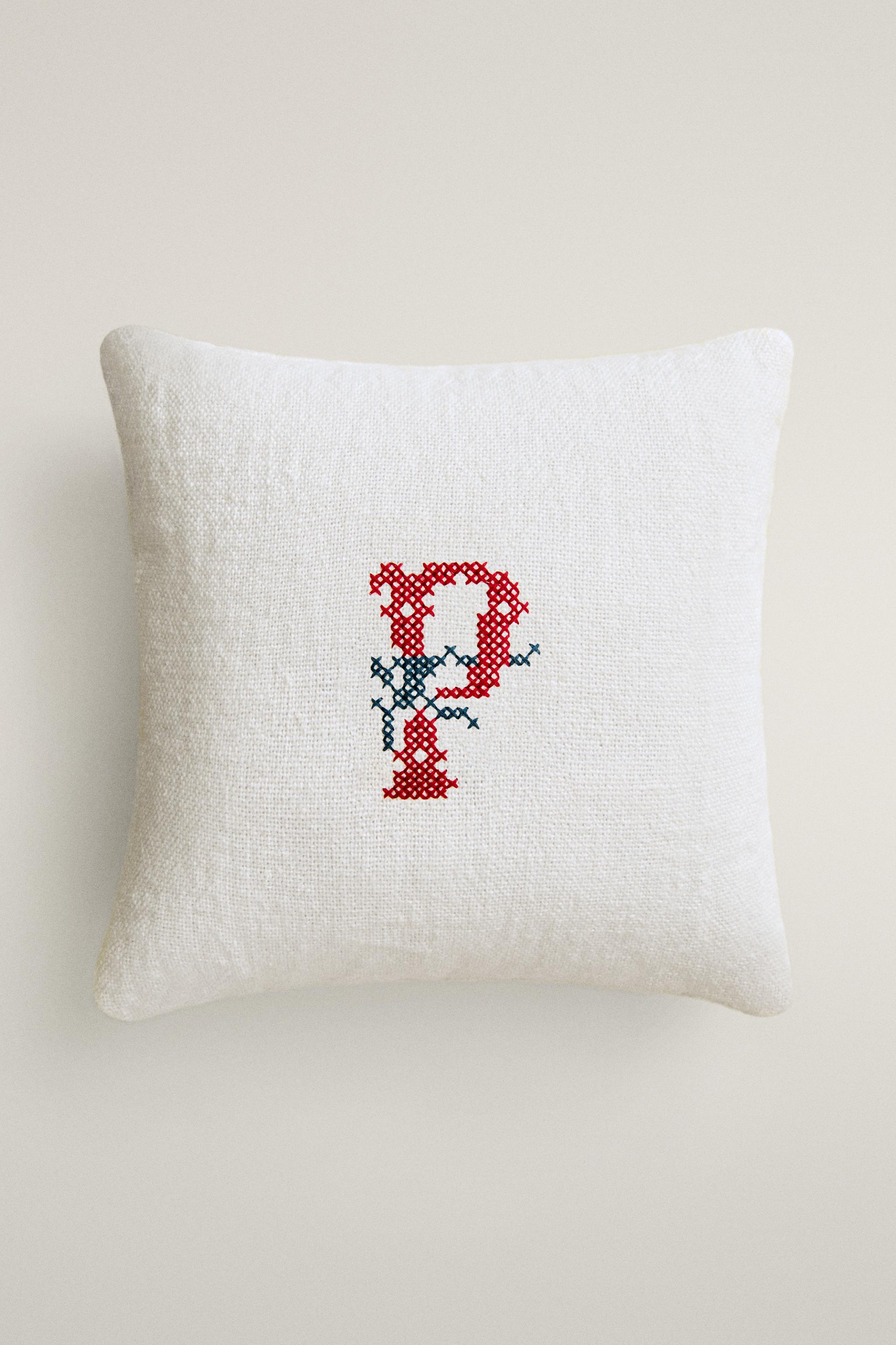 LETTER P EMBROIDERED LINEN CUSHION — Ecru