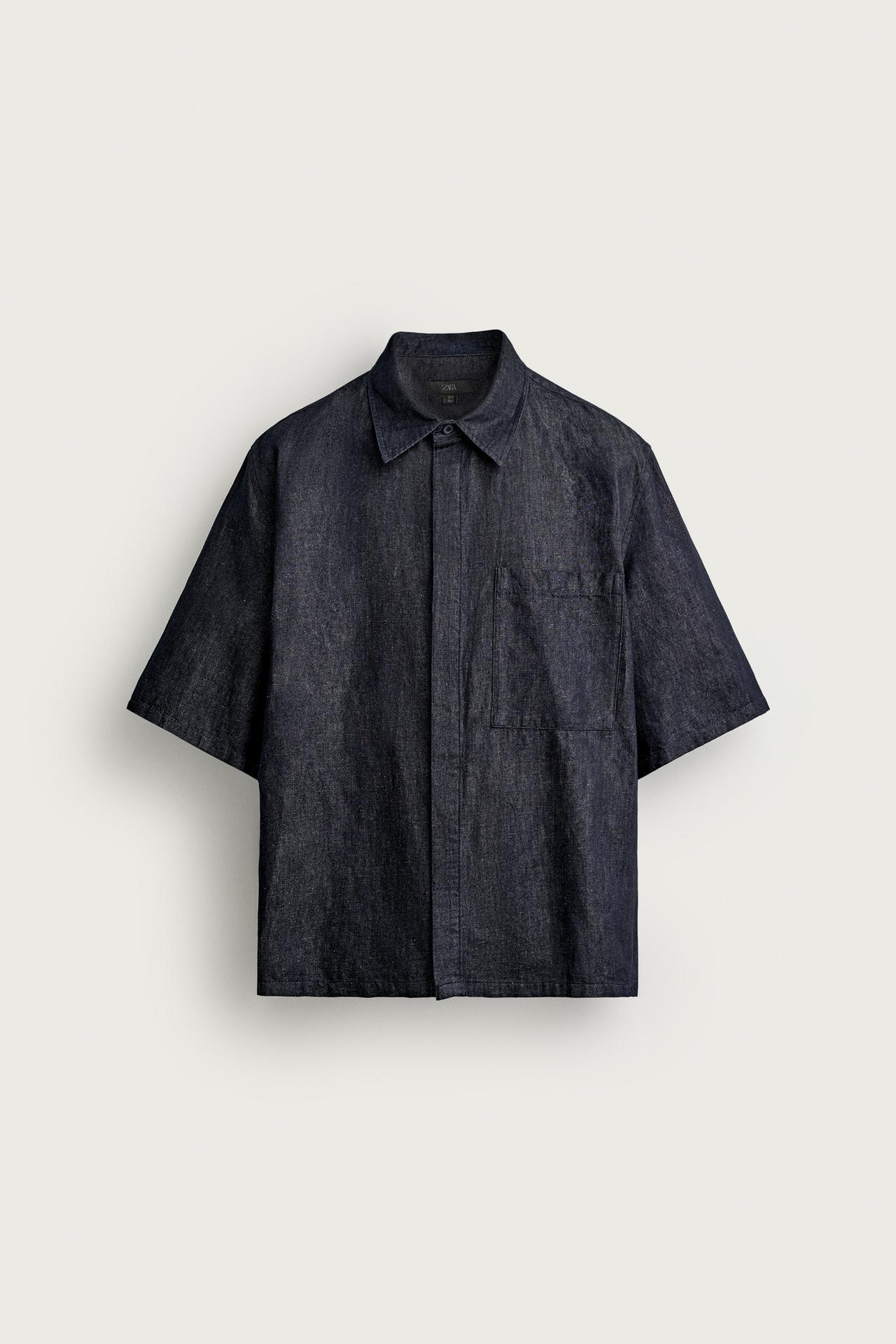 COTTON-LINEN BOXY FIT DENIM SHIRT — Indigo