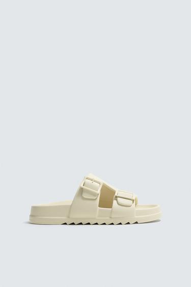 SANDÁLIA COM TIRA DUPLA E EFEITO DE CAUCHO - Branco-creme da Zara