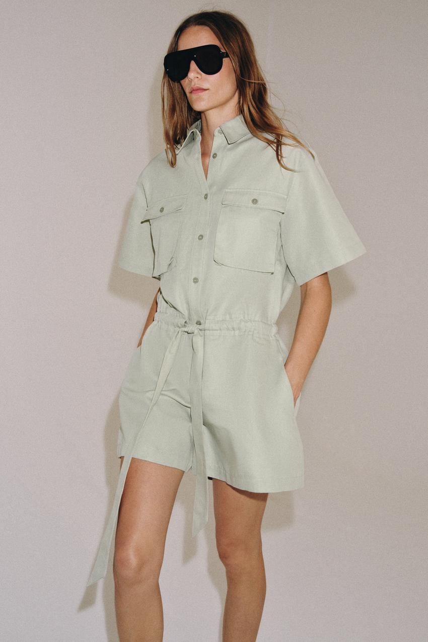Zara - Zw Collection Belted Shirt Jumpsuit - Light Mint Green - L - Woman