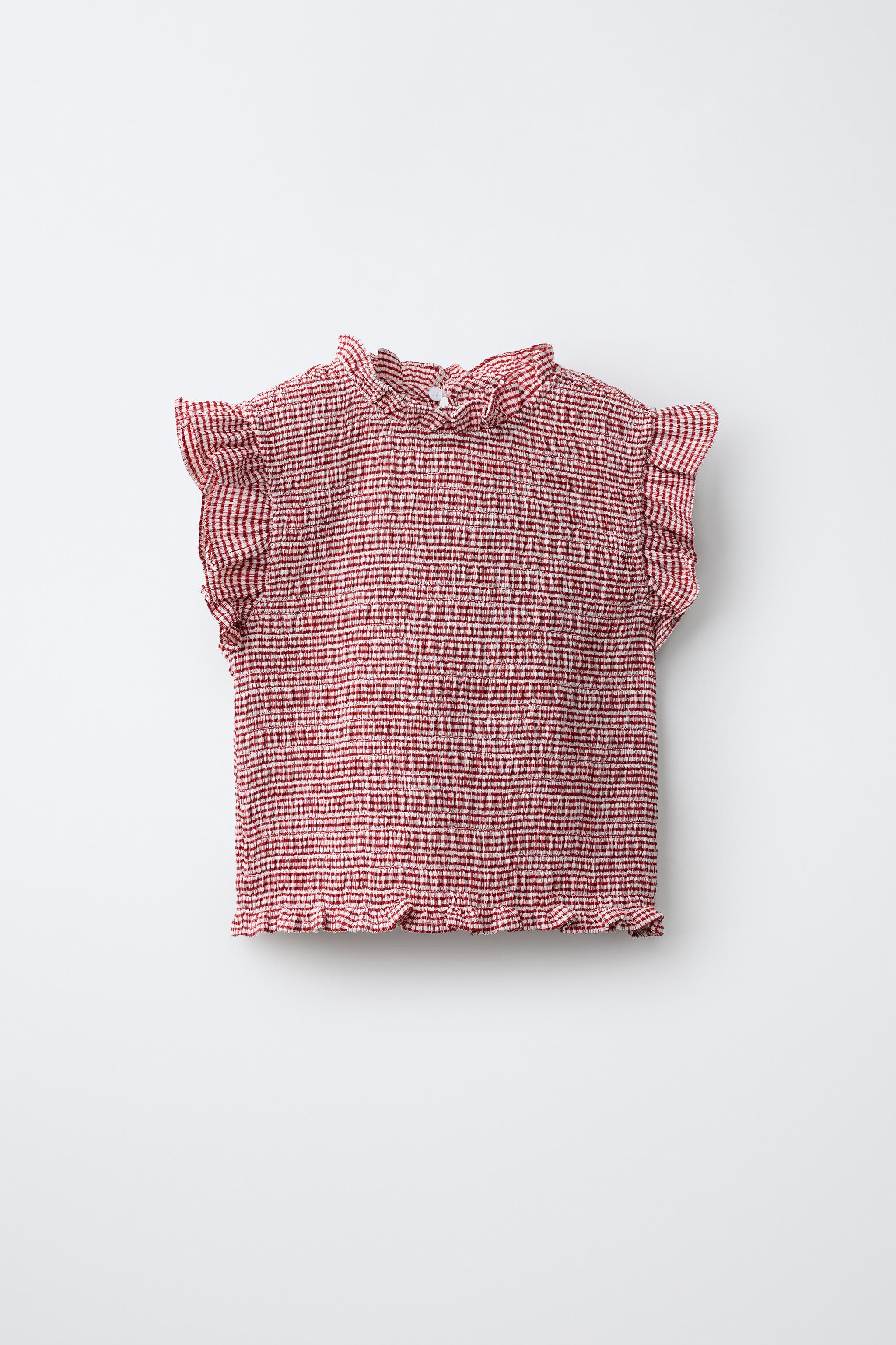 PRINTED GINGHAM RUFFLED TOP - Red | ZARA South Africa