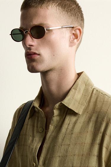 RELAXED FIT JACQUARD CHECKED LINEN/COTTON SHIRT - Light khaki by Zara