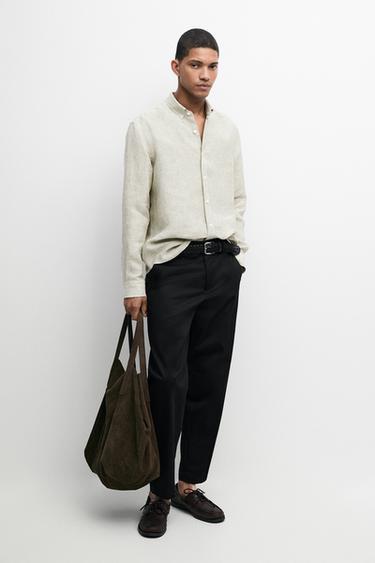 Zara 100% linen regular fit striped shirt - Green - Image 0