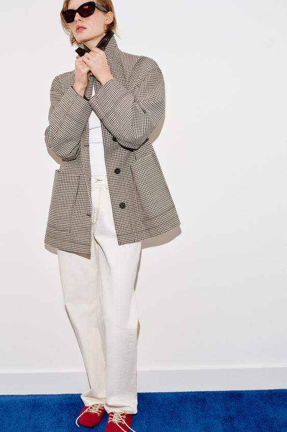 HOUNDSTOOTH FAUX LEATHER TRIM JACKET