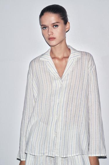 STRIPED LINEN PYJAMA SHIRT ZW COLLECTION - striped by Zara