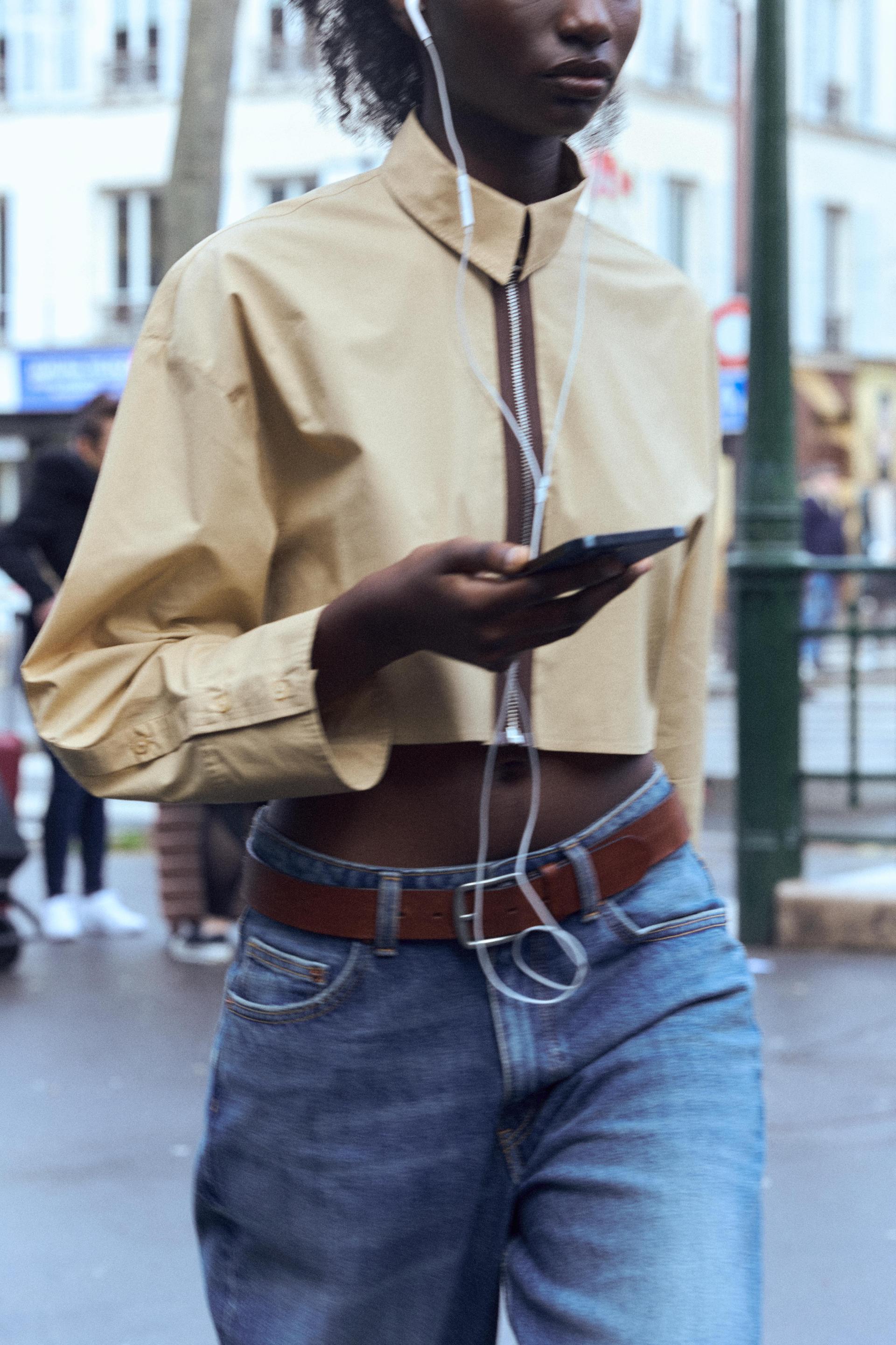 ZIPPERED CROP POPLIN SHIRT - Sand