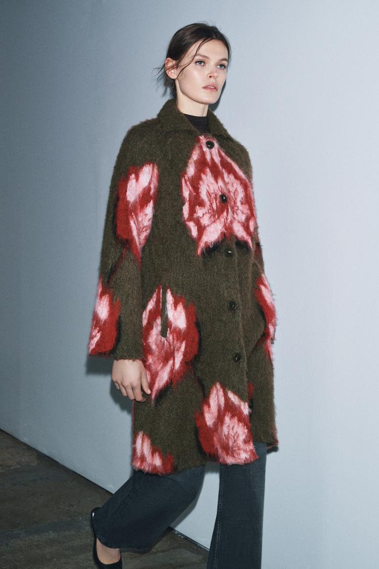 BRUSHED-EFFECT JACQUARD KNIT COAT