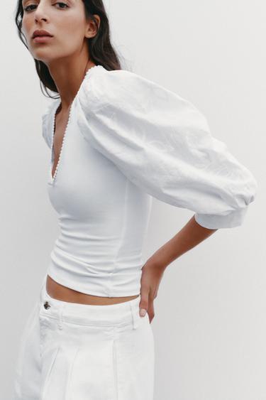 BLUSA MANGA ABULLONADA FLORES BORDADAS - Blanco de Zara