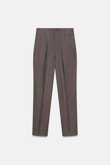 Zara HIGH-WAISTED PLAID PANTS - Brown