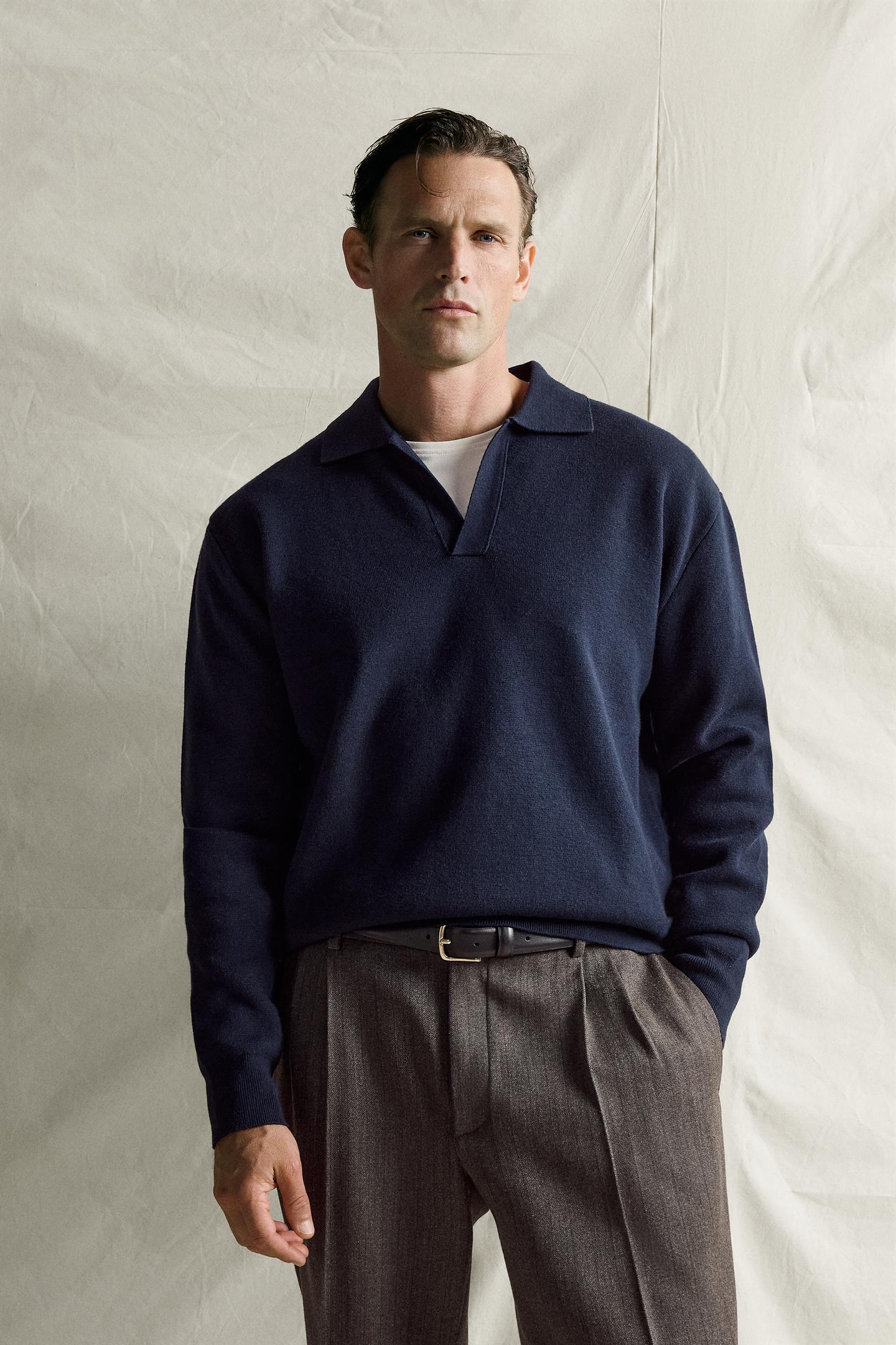 Мужское поло Zara Cotton-Wool Compact Knit Polo, цвет: Тёмно-синий — фото 2