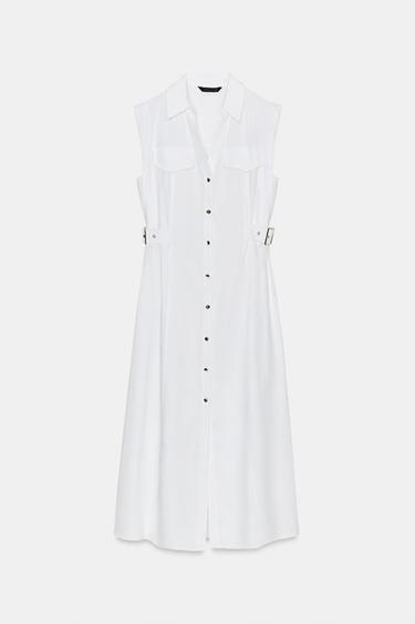 VESTIDO MIDI CON LINO BOTONES - Blanco de Zara